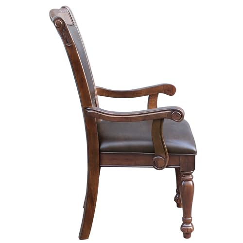 URPRIME Traditional Dining Room Armchairs, Brown Cherry Finish, Upholstered Seat, Wood, of 2 Wood Faux Leather Room, 40.5" Height URPRIME