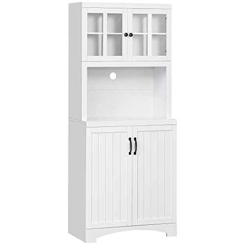 HOMCOM Kitchen Hutch, Pantry Cabinet with Glass Framed Door, Adjustable Shelves and Microwave Space for Dining Room, White - WoodArtSupply