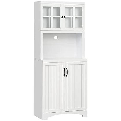 HOMCOM Kitchen Hutch, Pantry Cabinet with Glass Framed Door, Adjustable Shelves and Microwave Space for Dining Room, White HOMCOM