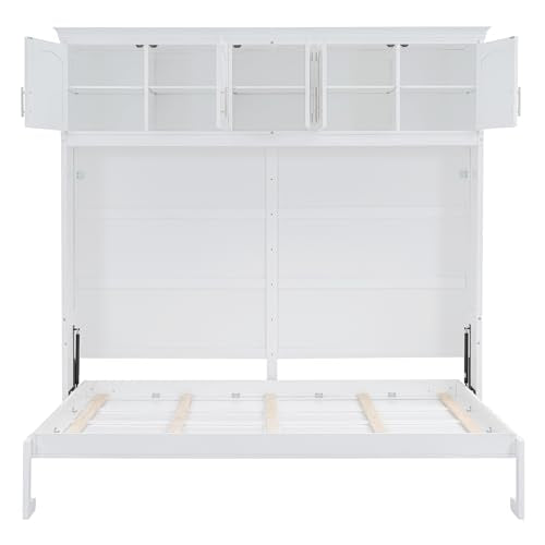 SOFTSEA Full Size Murphy Bed Cabinet with Storage, Solid Wood Murphy Bed with Shelves, Solid Wood Wall Bed Frame can be Folding into a Cabinet, Folding Wall Bed for Guestroom, White SOFTSEA
