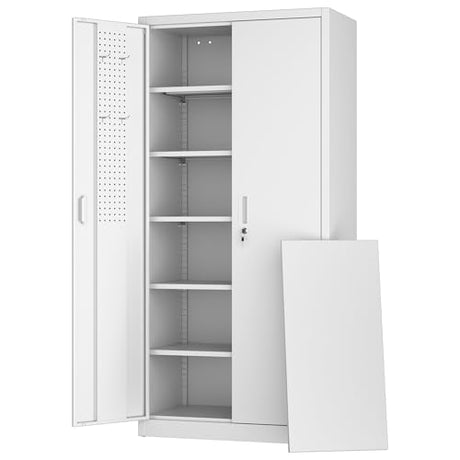 JAORD Metal Storage Cabinet with 5 Adjustable Shelves and Pegboard, 71" H White Garage Storage Cabinet with Doors, Metal File Cabinet for Garage,Home, Office, White, Assembly Required JAORD