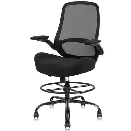 HYLONE Drafting Chair Tall Office Chair with Flip-Up and Adjustable Armrests Ergonomic Computer Chair with Adjustable Footrest Ring Mesh Standing Desk Chair (Black) HYLONE