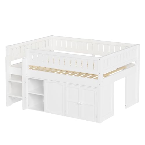 Harper & Bright Designs Low Loft Bed Full Size with Storage, Solid Wood Loft Bed with Cabinet and Chalkboard Panel, Multiple Functions Loft Bed Frame for Kids Teens Adults, White Harper & Bright Designs