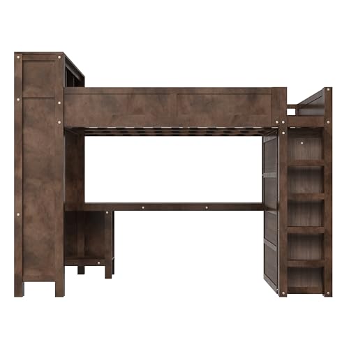 Queen Size Wooden Loft Bed with Wardrobe,Stairs and Desk,Bookcase Headboard with Storage Cabinet and USB Charging Station,for Kids Teens Adults Bedroom,No Box Spring Needed,Brown Harper & Bright Designs