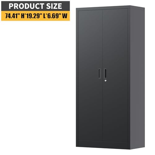 71" Metal Storage Cabinet with Doors, Lock and 4 Adjustable Shelves, Tall Pantry Cabinet for Garage, Office, Bedroom, Shop, Craft Room, Steel Storage Organizer with Adjustable Feet,Black GAOMON