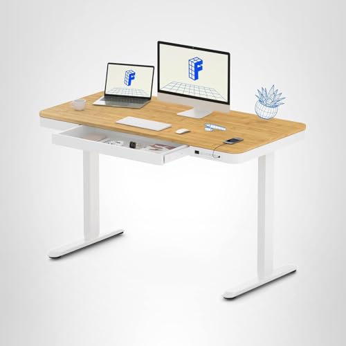 FLEXISPOT Comhar Electric Standing Desk with Drawer Desktop & Adjustable Frame w/USB Charge Ports (Bamboo-Look Laminate/White, Wood) FLEXISPOT