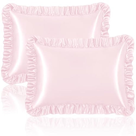 Homiest Ruffle Satin Pillowcase for Hair and Skin, Standard Size Satin Pillow Covers Silky Pillow Cases Set of 2, Satin Ruffled Pillowcase with Envelope Closure, Anti Wrinkle Pillow Shams (Blush Pink) Homiest
