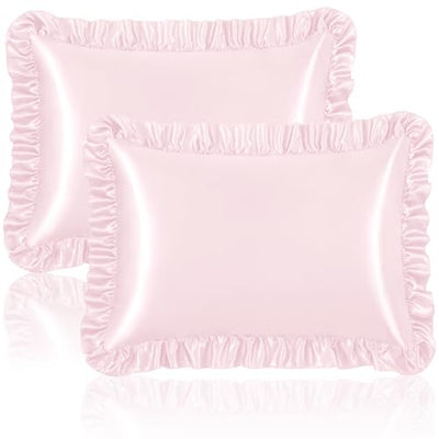 Homiest Ruffle Satin Pillowcase for Hair and Skin, Standard Size Satin Pillow Covers Silky Pillow Cases Set of 2, Satin Ruffled Pillowcase with Envelope Closure, Anti Wrinkle Pillow Shams (Blush Pink)