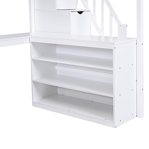 BOVZA Full Size White Loft Bed with Storage Stairs, L-Shaped Desk, and 3-Tier Bookcase for Kids and Teens