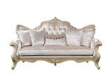 Acme Libertee Upholstered Sofa with 5 Pillows in Beige and Champagne Acme