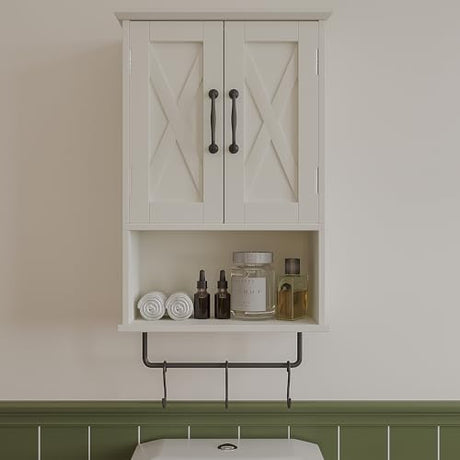 ChooChoo Farmhouse Medicine Cabinet, Bathroom Wall Cabinet with Adjustable Shelf, Towel Bar, 3 Hooks, Over The Toilet Storage Cabinet for Bathroom, Kitchen, White ChooChoo
