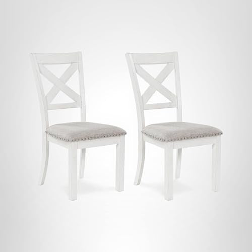 Signature Design by Ashley Robbinsdale Casual Upholstered Solid Wood Dining Chair with Nailhead Trim, Set of 2, White & Light Gray Signature Design by Ashley