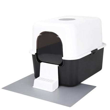 Sfozstra Cat Litter Box with Lid, Fully Enclosed Splash-Proof and Leak-Proof Urine High Edge and Odorless Cat Litter Box, Easy to Installation and Clean (Black with Pedal(S)) Sfozstra