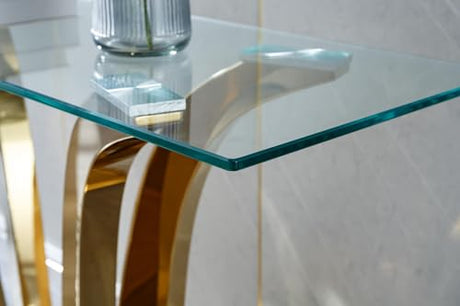 47" Glass Console Table, Long Narrow Tempered Glass Sofa Tables with Double U-Shaped Mirrored Stainless Steel Base, 47 inch Modern Console Tables Luxury Gold Entryway Table for Hallway, Living Room Kootlena