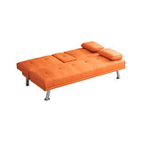 KEIKI 67" Leather Folding Futon Sofa w/Cup Holder & Adjustable Backrest, Mid Century Modern Couch Loveseat Convertible to Sleeper Bed, Comfy Cloud Couch SofaBed for Living Room & Bedroom, Orange KEIKI