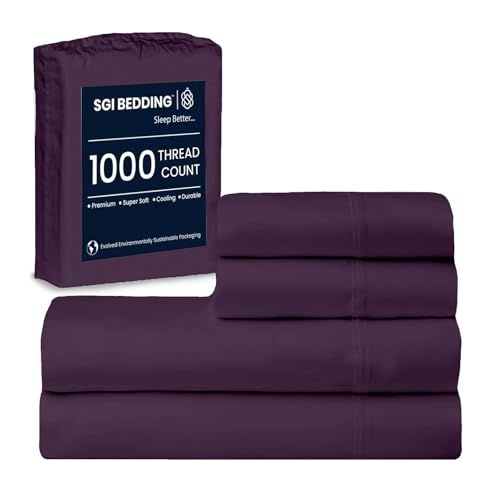 SGI 1000 Thread Count Egyptian Cotton King Sheet Set – Ultra Soft, Deep Pocket 15” Fitted, Breathable & Hotel-Quality,Luxury 4-Piece Premium Bedding Set for Crisp, Durable Comfort – Plum SGI bedding