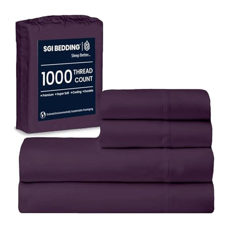 SGI 1000 Thread Count Egyptian Cotton King Sheet Set – Ultra Soft, Deep Pocket 15” Fitted, Breathable & Hotel-Quality,Luxury 4-Piece Premium Bedding Set for Crisp, Durable Comfort – Plum SGI bedding