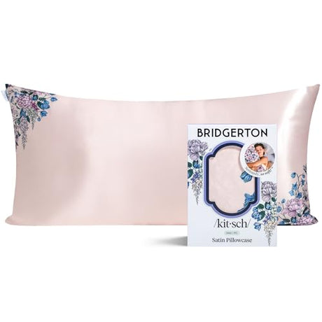 Bridgerton x Kitsch Satin Pillowcase with Zipper for Hair & Skin - Softer Than Silk Pillow Cases, Cooling Satin Pillow Case, Wrinkle-Free - King Size Satin Pillow Case (19x36) - Wisteria Kitsch