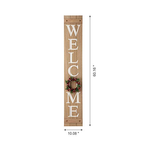 Glitzhome Welcome Sign with 4 Interchangeable Floral Wreaths for Front Door Porch, Farmhouse Wooden Hanging Wall Sign for Seasons Spring Fall Harvest Thanksgiving Christmas, 60”H, Natural Glitzhome