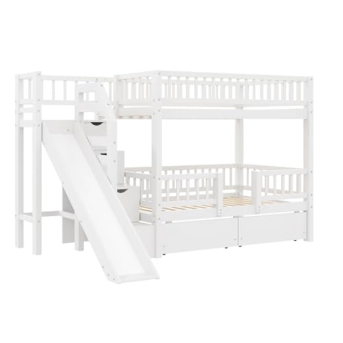 Merax Bunk Bed Twin Size with Drawers, Slide and Storage Stairs, Solid Wood Bunk Bed Frame with Fence for Kids Teens, No Spring Box Required, No Squeaks,White Merax