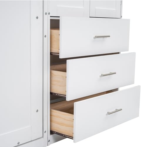 Twin Murphy Bed with Storage Wardrobes,Bookcase Shelves and Drawers,Wood Folding White Murphy Wall Bed Cabinets MERITLINE