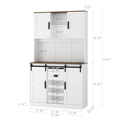 72" Kitchen Pantry with Wine Bar, LED Pantry Cabinet with 2 Sliding Doors & Open Shelf, Versatile Cupboard with 2 Doors & Charging Port for Living Room, Kitchen, Apartment, White AFANLAX