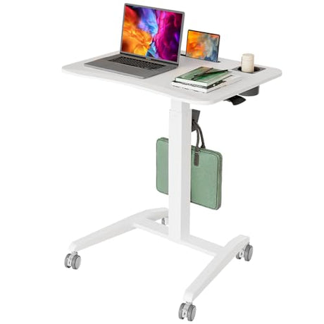 Gibbon Mounts Mobile Standing Desk, Height Adjustable Rolling Laptop Desk, 27 inches Portable Sit Stand Desk with Wheels and Hook, Pneumatic Computer Table, White Gibbon Mounts