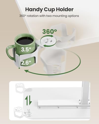 Marsail 28×16" Overbed Table with Wheels and 360° Cup Holder, Height-Adjustable Pneumatic Bedside Table, Mobile Computer Standing Desk for Home Office, White Marsail