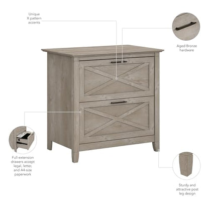 Bush Furniture Key West 2 Drawer Lateral File Cabinet in Washed Gray | Document Storage for Home Office | Accent Chest with Drawers - WoodArtSupply