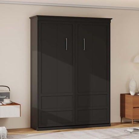TrendTerrace Black Wood Full Size Murphy Bed: 61'' Space-Saving Wall Bed Cabinet Full for Multipurpose Area, Bedroom/Guest Room/Living Room, (Mattress Not Included) Wall Beds TrendTerrace