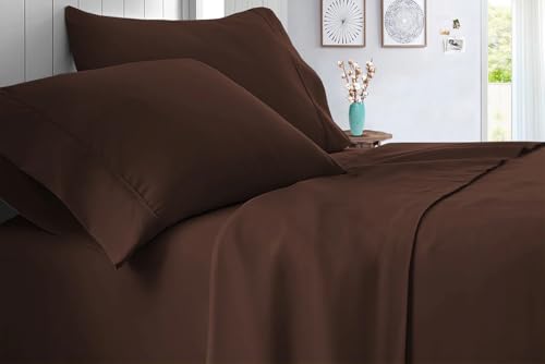 True Luxury 1000-Thread-Count 100% Egyptian Cotton Bed Sheets, 4-Pc King Dark Brown Sheet Set, Single Ply Long-Staple Yarns, Sateen Weave, Fits Mattress Upto 18'' Deep Pocket Comfort Sheets