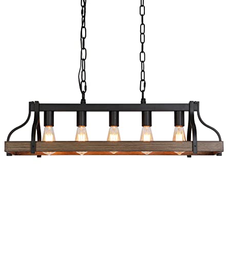 MEIXISUE Rustic Kitchen Island Dining Room Light Fixture Farmhouse Linear Chandelier Black and Retro Wood Finish 5-Light Industrial Metal Hanging Pendant Light UL Listed L33.5 W10.6