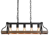 MEIXISUE Rustic Kitchen Island Dining Room Light Fixture Farmhouse Linear Chandelier Black and Retro Wood Finish 5-Light Industrial Metal Hanging Pendant Light UL Listed L33.5 W10.6 MEIXISUE
