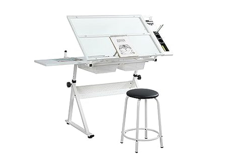 Landpink Glass Drafting Table Art Desk – Adjustable Professhional Artwork Drawing Drafting Table Desk, Glass-Topped Art Table for Craft Station Studio Home Office School w/Drawers/Chair (White) Landpink