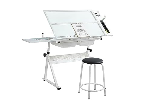 Landpink Glass Drafting Table Art Desk – Adjustable Professhional Artwork Drawing Drafting Table Desk, Glass-Topped Art Table for Craft Station Studio Home Office School w/Drawers/Chair (White)