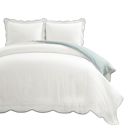 Lush Decor Coastal Chic Scalloped Edge Cotton Duvet Cover Set, 3 Piece Set, Full/Queen, Blue & White - Queen Bedding Set - White Duvet Cover Queen - Coastal Decor Lush Decor