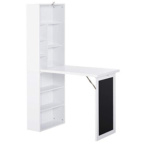 Zentrava Foldable Wall Mounted Desk with Storage Shelves, Fold Out Convertible Computer Table with Blackboard, Folding Writing Table Workstation for Small Spaces,Home Office (White) Zentrava