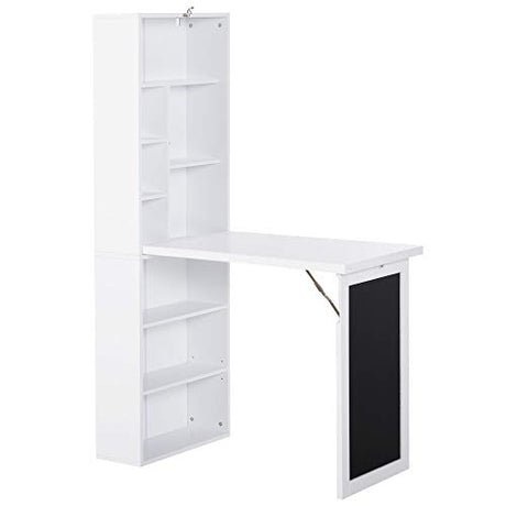 Zentrava Foldable Wall Mounted Desk with Storage Shelves, Fold Out Convertible Computer Table with Blackboard, Folding Writing Table Workstation for Small Spaces,Home Office (White) Zentrava