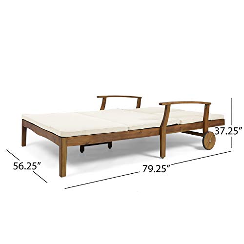 Great Deal Furniture Samantha Double Chaise Lounge for Yard and Patio, Acacia Wood Frame, Teak Finish with Cream Cushions, (307569)