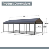 GREEN PARTY 12 x 25 ft Metal Carport Kits with Galvanized Steel Roof, Heavy Duty Metal Carport Canopy, Outdoor Car Tent Metal Garage Shelter for Car, SUV, Truck and Boats, Grey GREEN PARTY