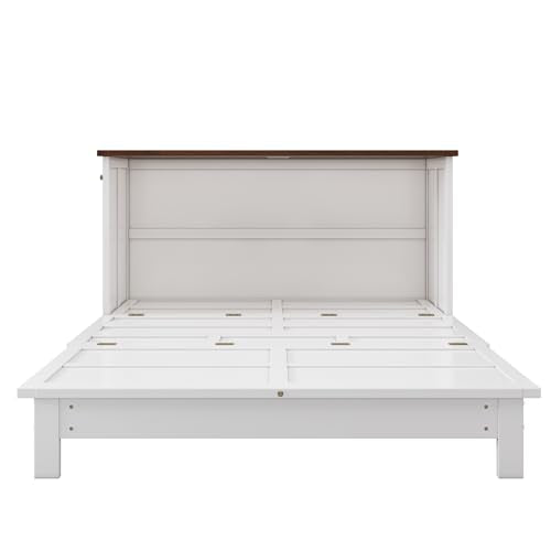 Harper & Bright Designs Full Size Murphy Bed, Wooden Full Murphy Bed Frame with Charging Station and Large Storage Drawer for Home Office/Small Room, White+Walnut Harper & Bright Designs