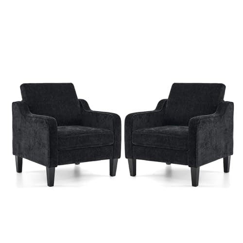 VINGLI Living Room Chairs Set of 2, Black Accent Chair 5.5" Thick Seat Cushion Comfy Chair Soft Chenille Side Chair Upholstered Arm Chair for Bedroom, Play Room, Apartment, Office (Black) VINGLI