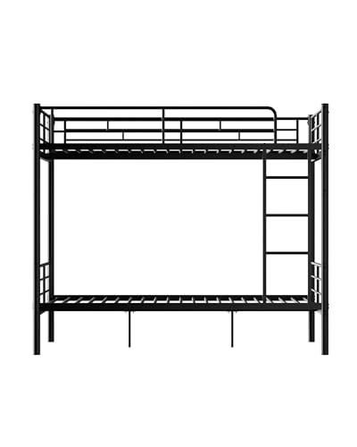 Miscoos Twin Over Twin Metal Bunk Bed with Ladder and Full-Length Guardrail, Heavy Duty Bed Frame with Soundproofing Mat, Convertible into 2 Individual Twin Beds for Kids, Teens, and Adults, Black