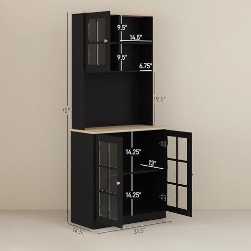 HOMCOM Kitchen Pantry Storage Cabinet, 72" Freestanding Cabinet with Hutch, Large Countertop, Glass Doors and Adjustable Shelves for Dining Room, Black HOMCOM