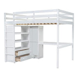 Loft Bed Full Size with Built-in Wardrobe, Desk, Storage Shelves and Drawers, Solid Wood Loft Bed Frame for Kids Teens Adults (White) BEDGJH
