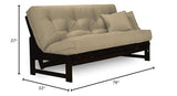 Nirvana Futons Arden Dark Espresso (Near Black) Futon Set Full or Queen Size - Armless Wood Futon Frame with Mattress Included (Twill Khaki), Space Saving Sofa Bed Sleeper Nirvana Futons
