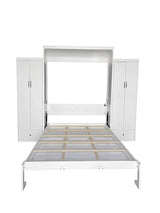 PVWIIK Queen Size Murphy Bed with 2 Wardrobe and Storage Drawer, for Adult,Girls,Boys,Solid Wood Cabinet Bed Frame/Multifunctional Hidden Wall Bed Cabinet,Space-Saving,No Box Spring Needed,White PVWIIK