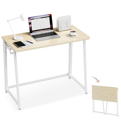 POLWKZU Folding Desk Small Foldable Desk for Small Space, 31.5 Inches Writing Computer Desks in Study, Home Office Foldable Office Desks for Bedroom, Oak