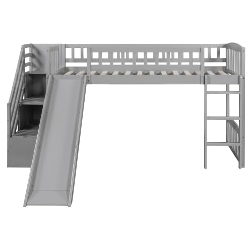 Harper & Bright Designs Kids Loft Bed with Slide and Storage Stairs, Twin Size Wooden Loft Bed with Built-in Ladder, Grey Harper & Bright Designs