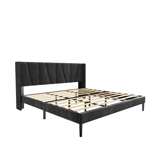 Sismplly King Bed Frame with Headboard, Velvet Upholstered King Size Platform Bed with Wingback, Mattress Foundation with Wooden Slat Support, No Box Spring Needed, Easy Assembly, Noise Free, Black Sismplly